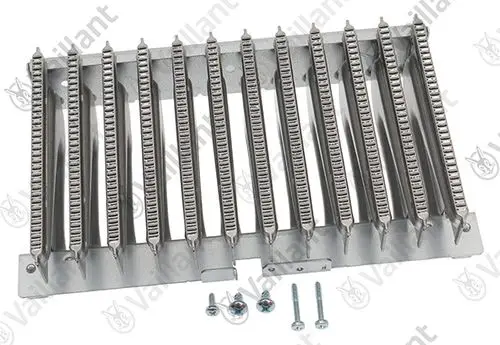 Metallic Brenner mit mehreren Rippenelementen, deutlich mit der Marke Vaillant markiert, ausgestattet mit Montageschrauben.